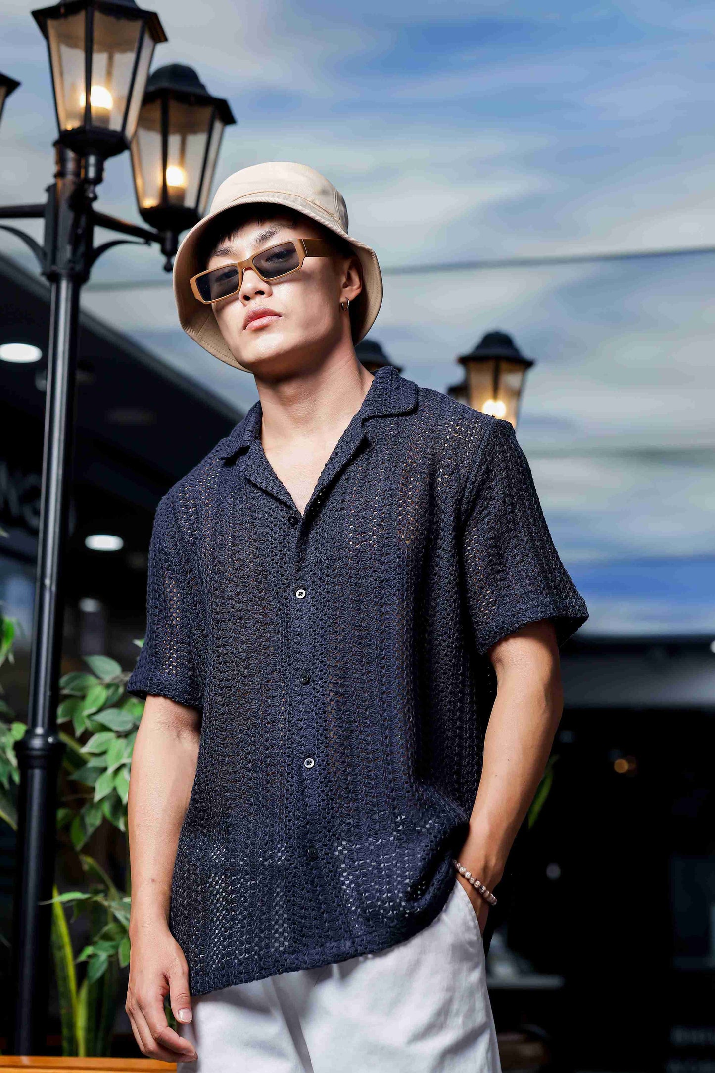 Unisex Relaxed Fit Black Cotton Crochet Resort Shirt