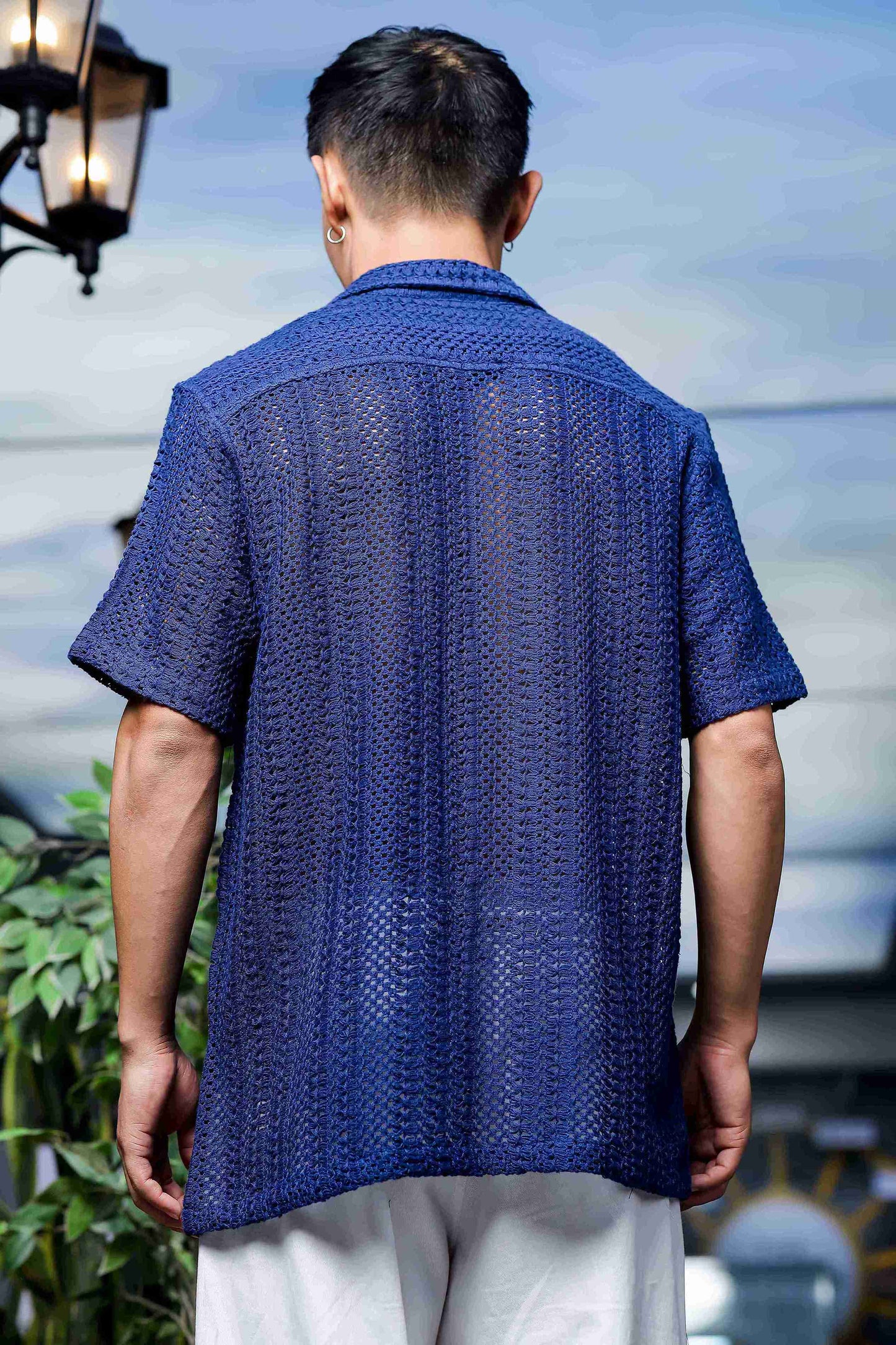 Navy Blue Relaxed Fit Pure Cotton Crochet Resort Shirt