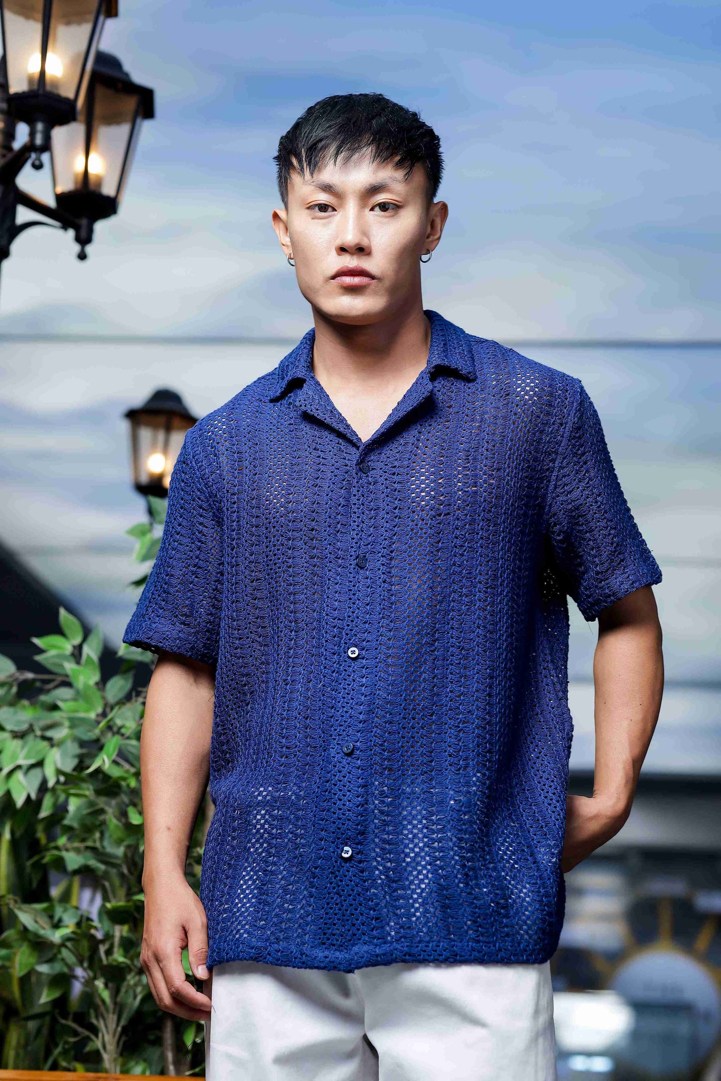 Navy Blue Relaxed Fit Pure Cotton Crochet Resort Shirt