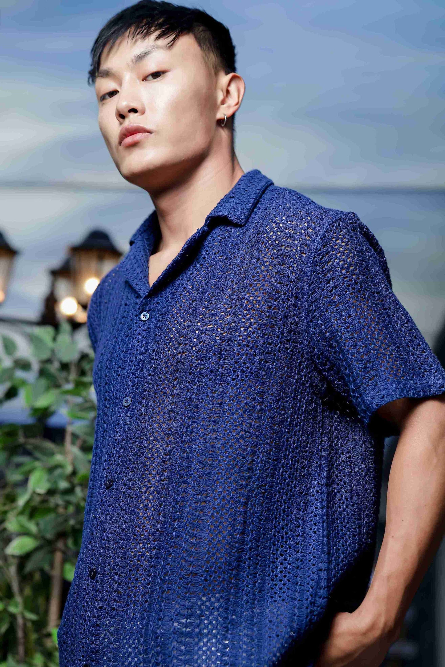 Navy Blue Relaxed Fit Pure Cotton Crochet Resort Shirt