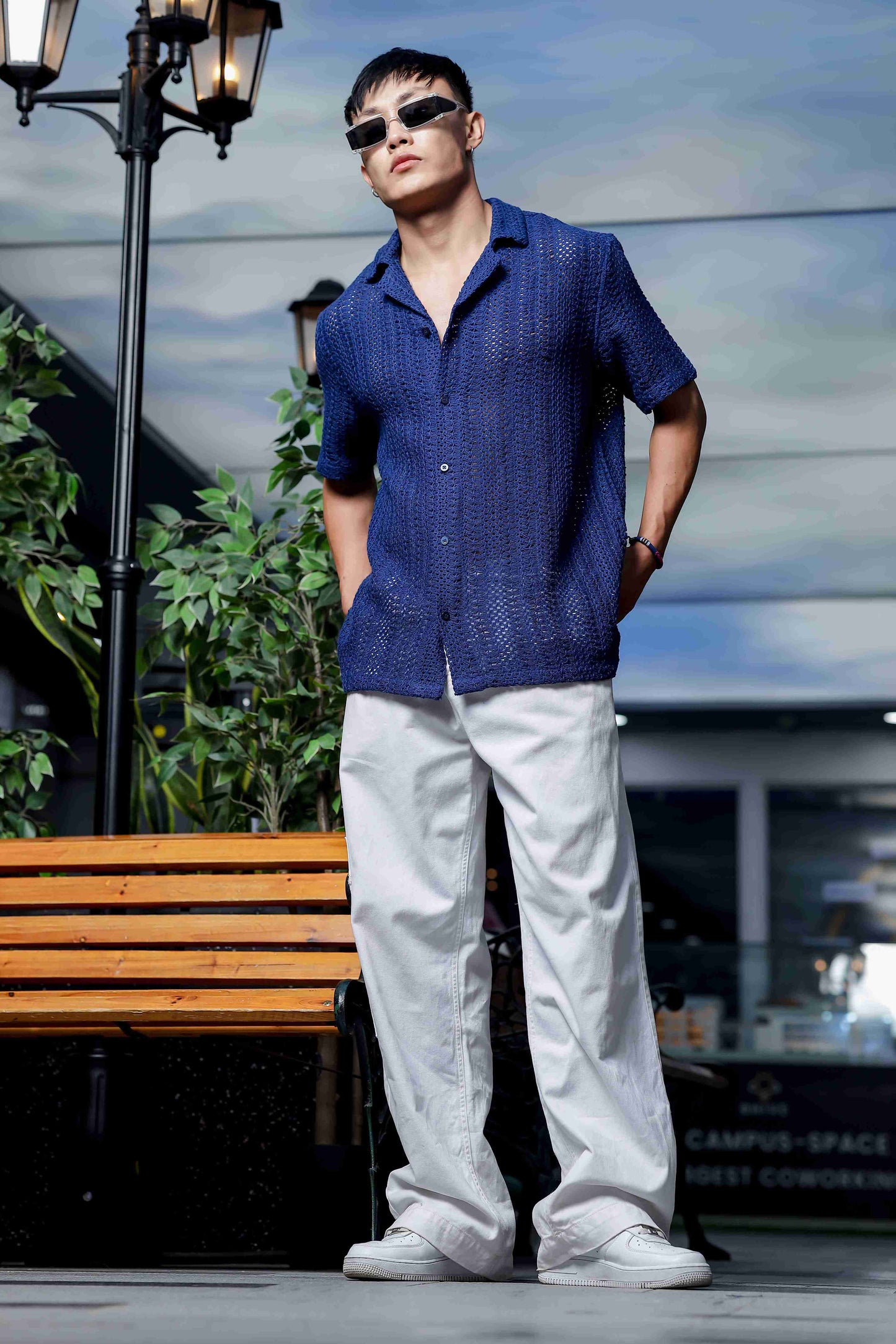 Navy Blue Relaxed Fit Pure Cotton Crochet Resort Shirt