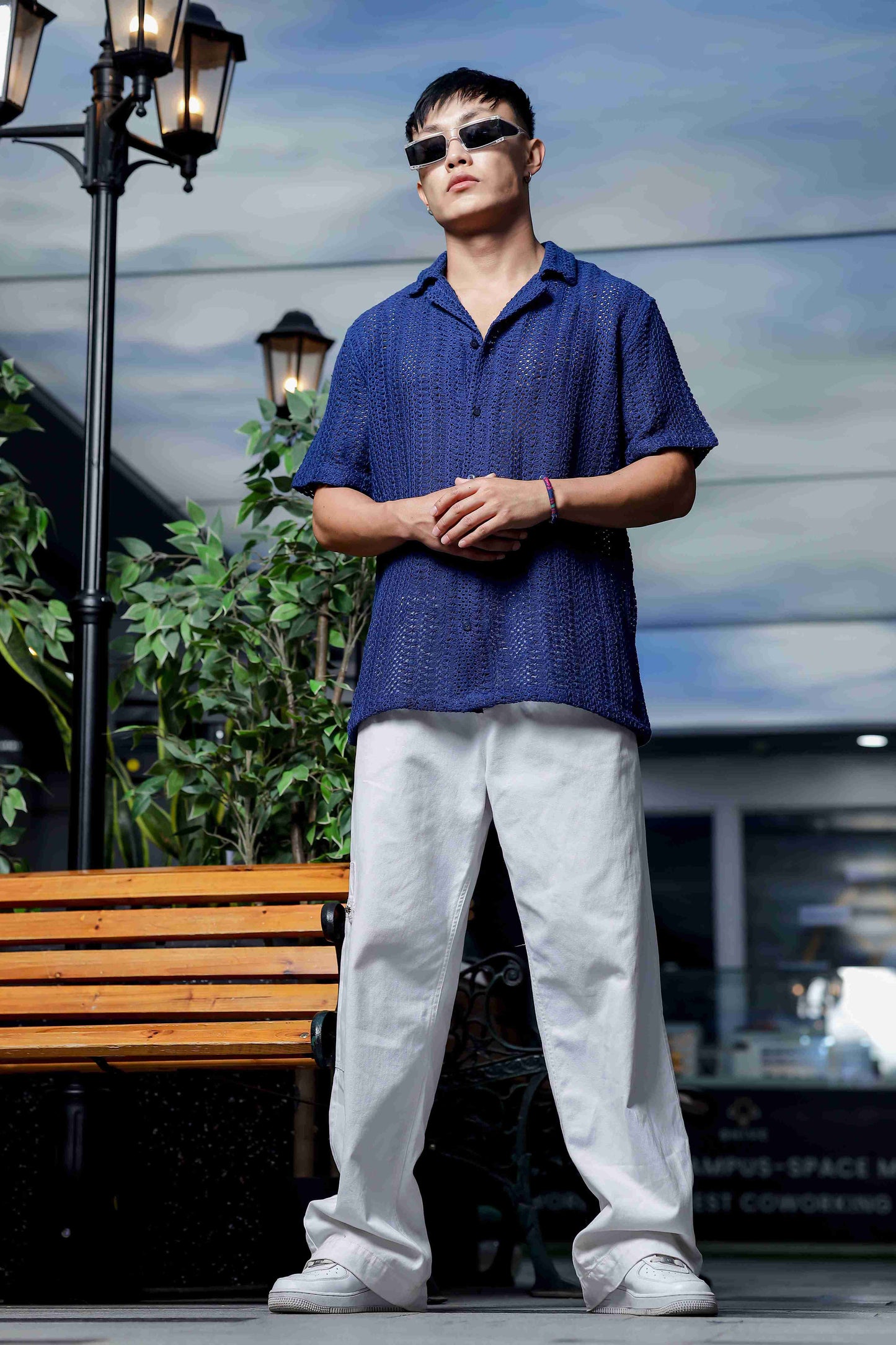 Navy Blue Relaxed Fit Pure Cotton Crochet Resort Shirt