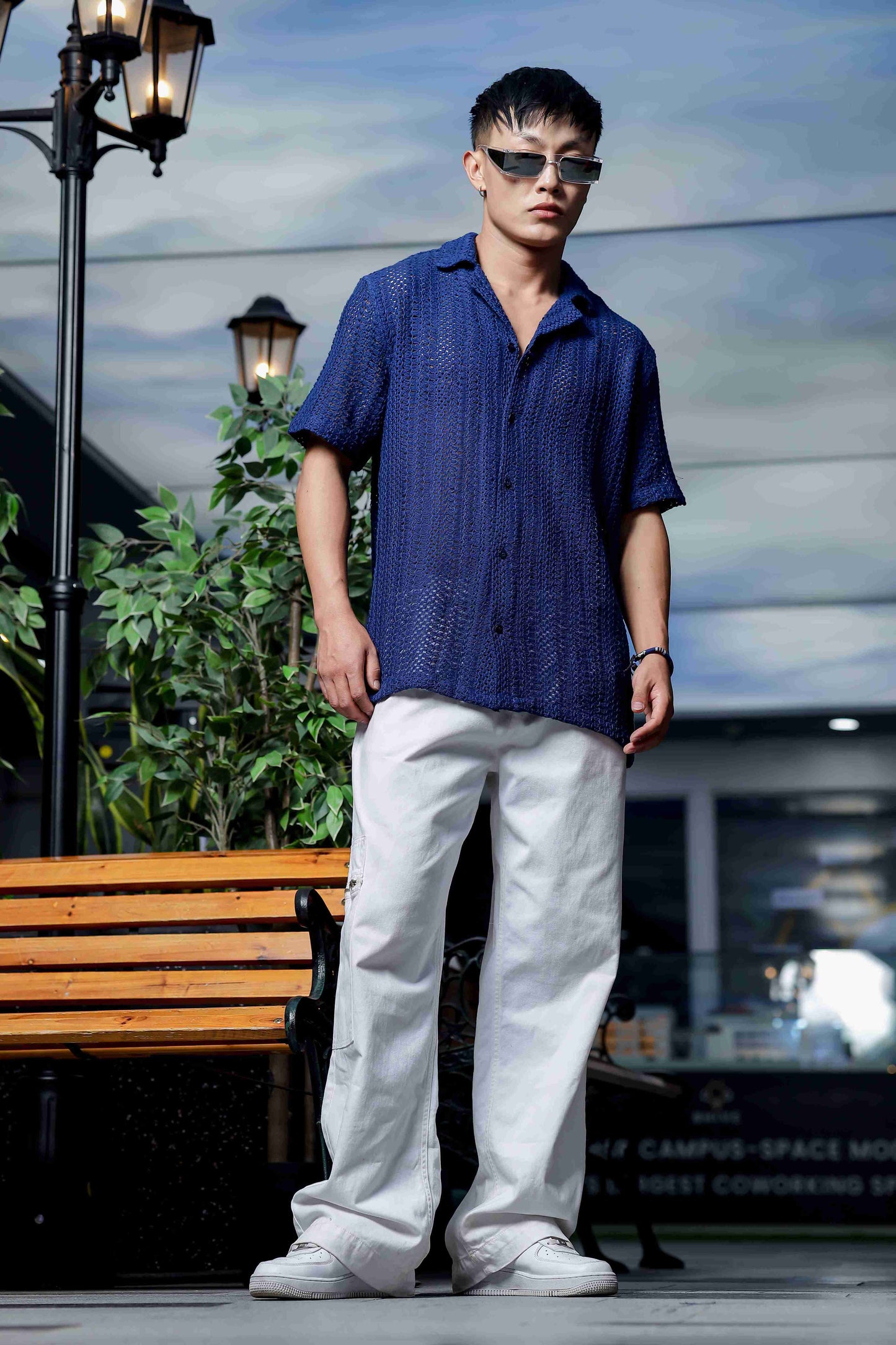 Navy Blue Relaxed Fit Pure Cotton Crochet Resort Shirt