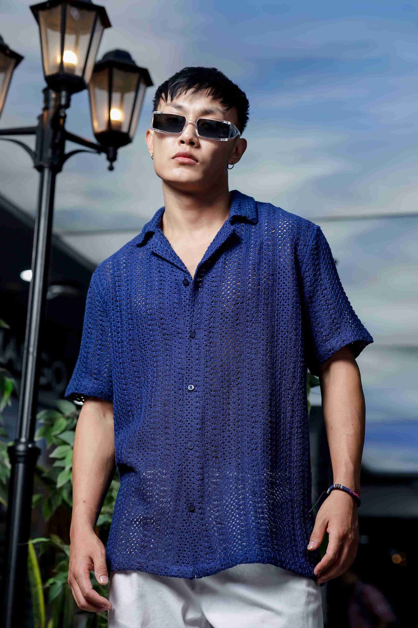 Navy Blue Relaxed Fit Pure Cotton Crochet Resort Shirt