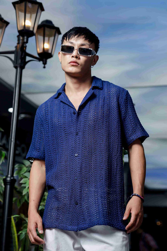 Navy Blue Relaxed Fit Pure Cotton Crochet Resort Shirt