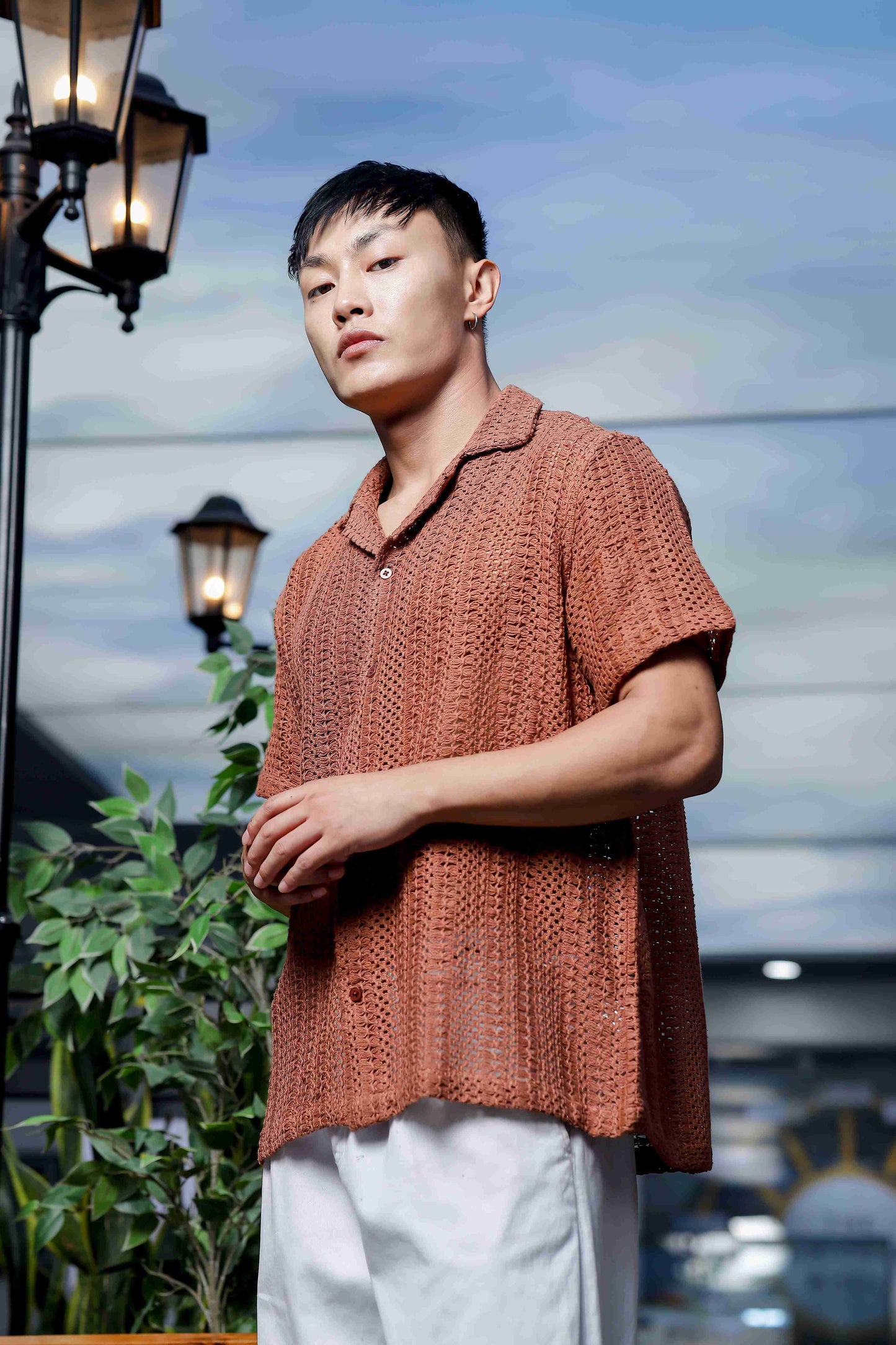 Brown Pure Cotton Crochet Resort Shirt