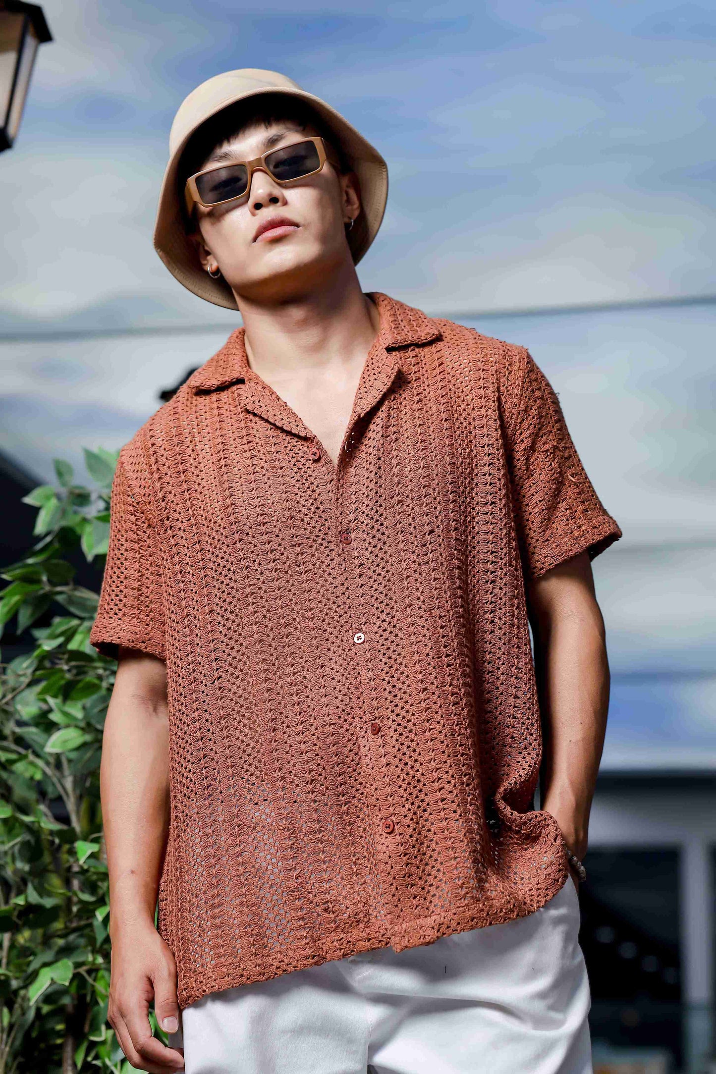 Brown Pure Cotton Crochet Resort Shirt