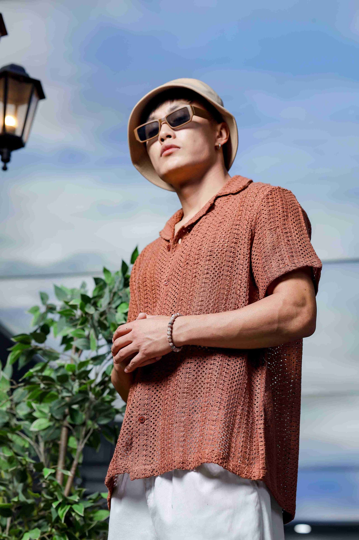 Brown Pure Cotton Crochet Resort Shirt