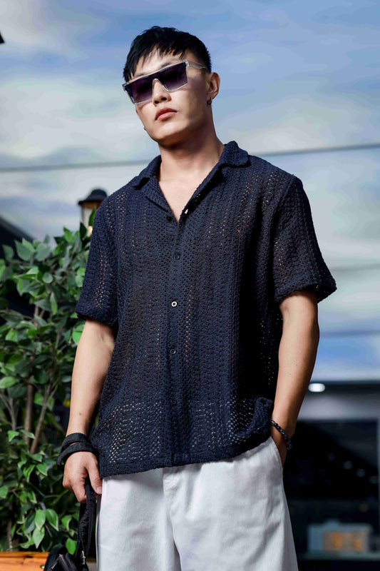 Unisex Relaxed Fit Black Cotton Crochet Resort Shirt