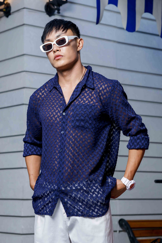 Blue Georgette Semi Sheer Full Sleeve Shirt