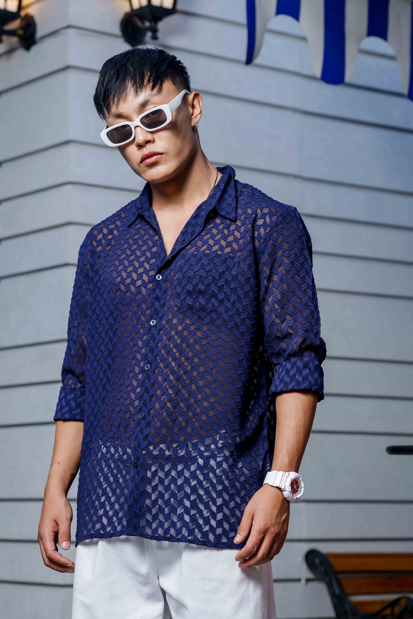 Blue Georgette Semi Sheer Full Sleeve Shirt