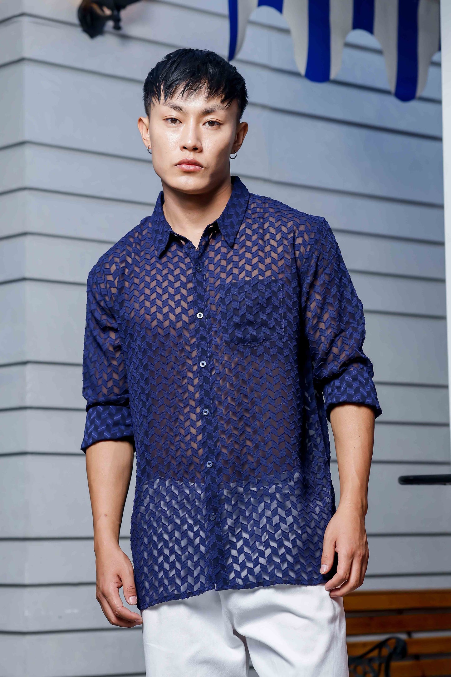 Blue Georgette Semi Sheer Full Sleeve Shirt