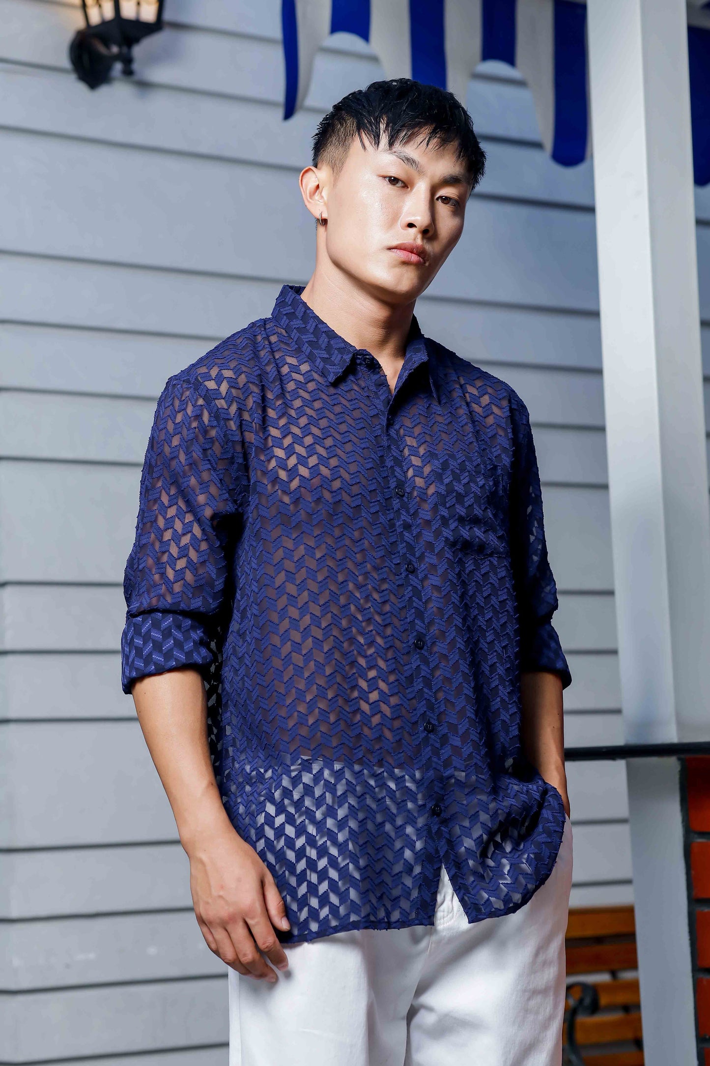 Blue Georgette Semi Sheer Full Sleeve Shirt