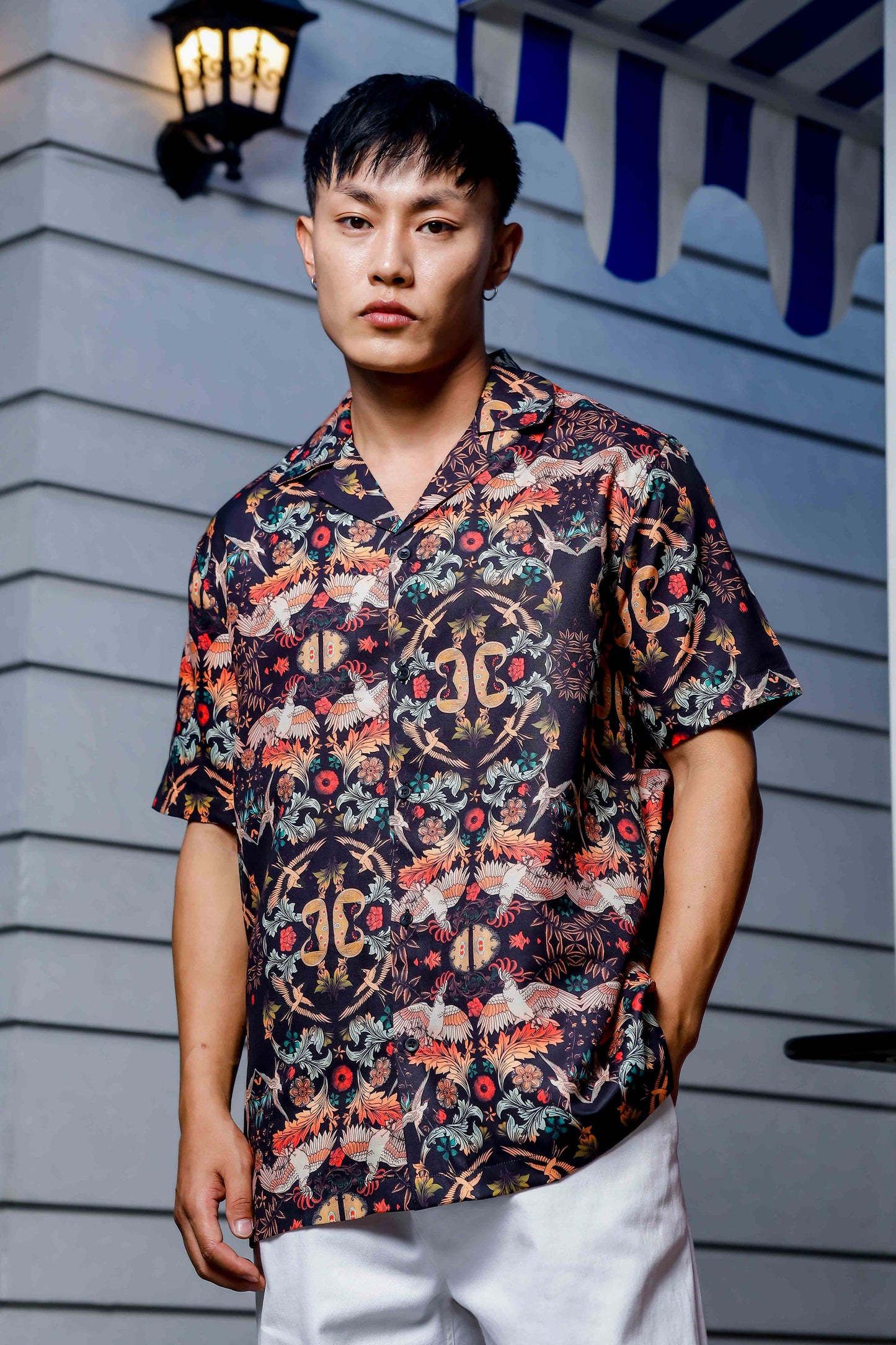 Black Relaxed Fit Floral Printed Cuban Collar Resort Shirt
