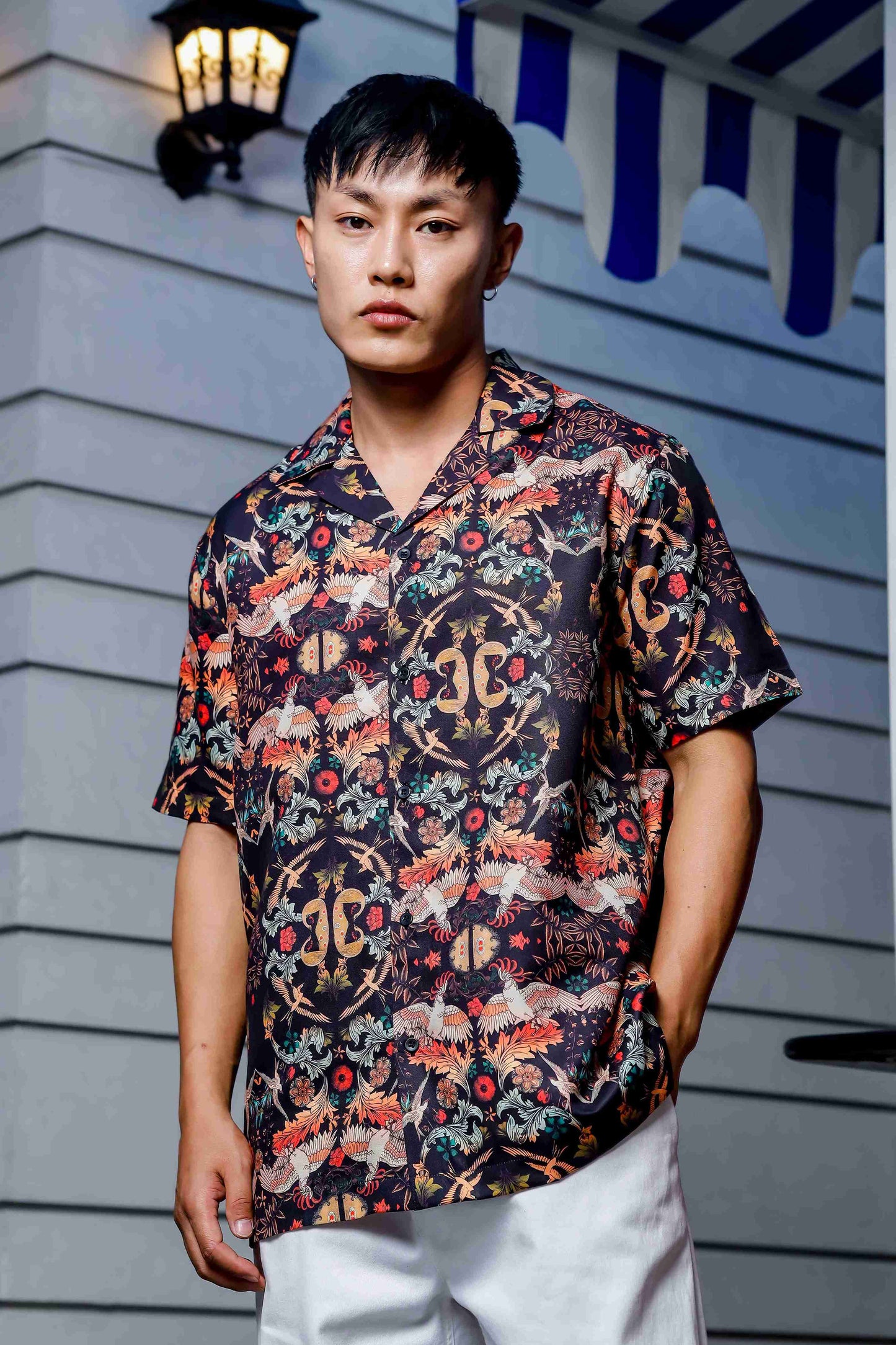 Black Relaxed Fit Floral Printed Cuban Collar Resort Shirt