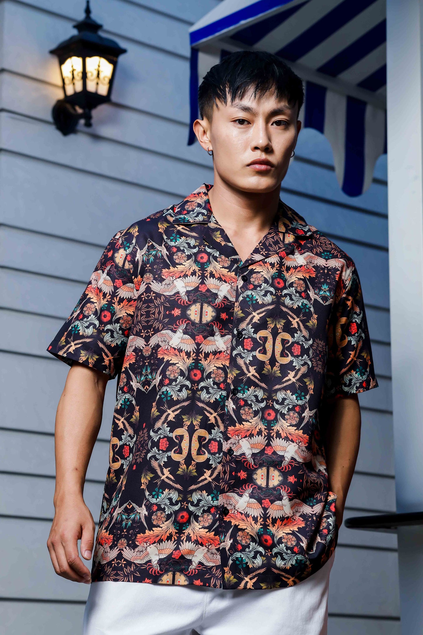 Black Relaxed Fit Floral Printed Cuban Collar Resort Shirt