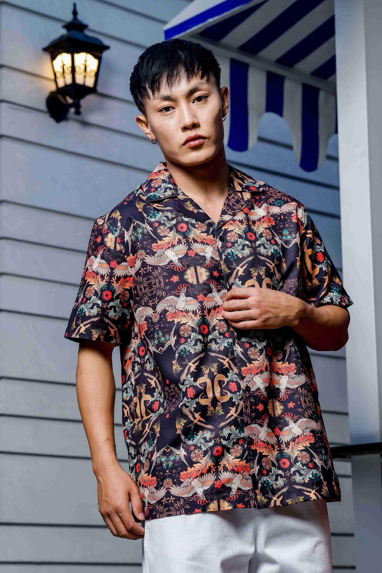 Black Relaxed Fit Floral Printed Cuban Collar Resort Shirt