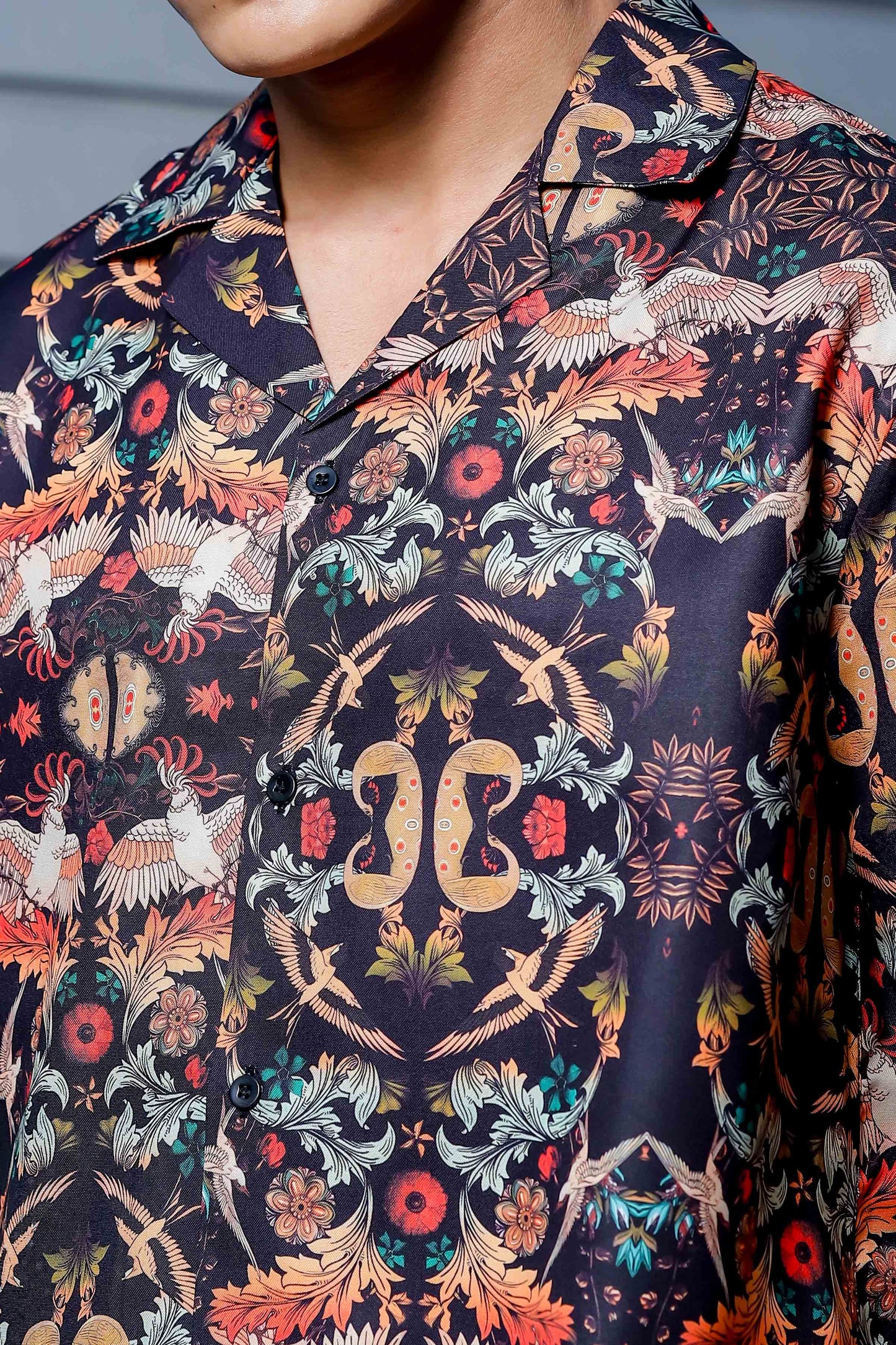 Black Relaxed Fit Floral Printed Cuban Collar Resort Shirt