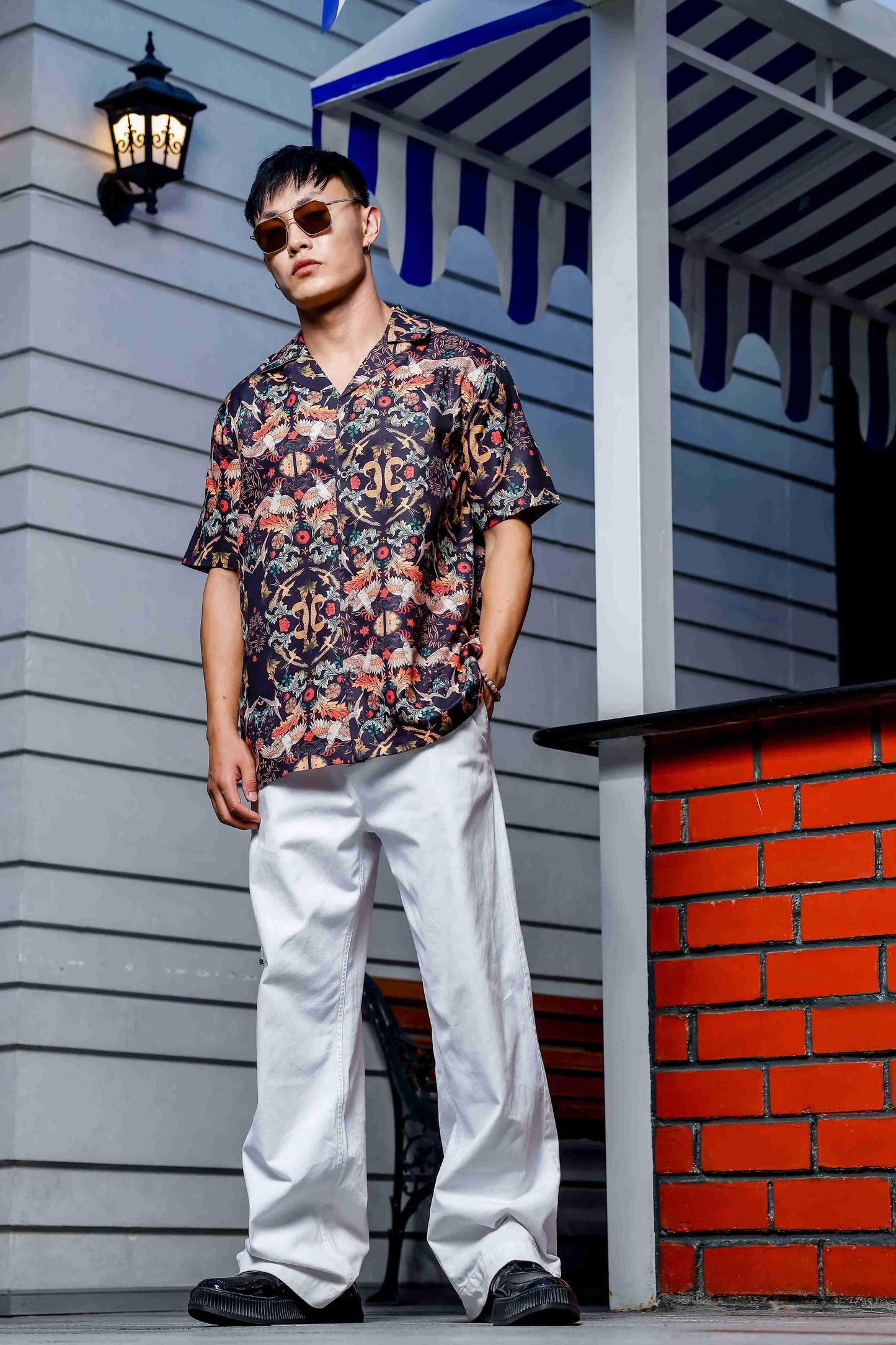 Black Relaxed Fit Floral Printed Cuban Collar Resort Shirt