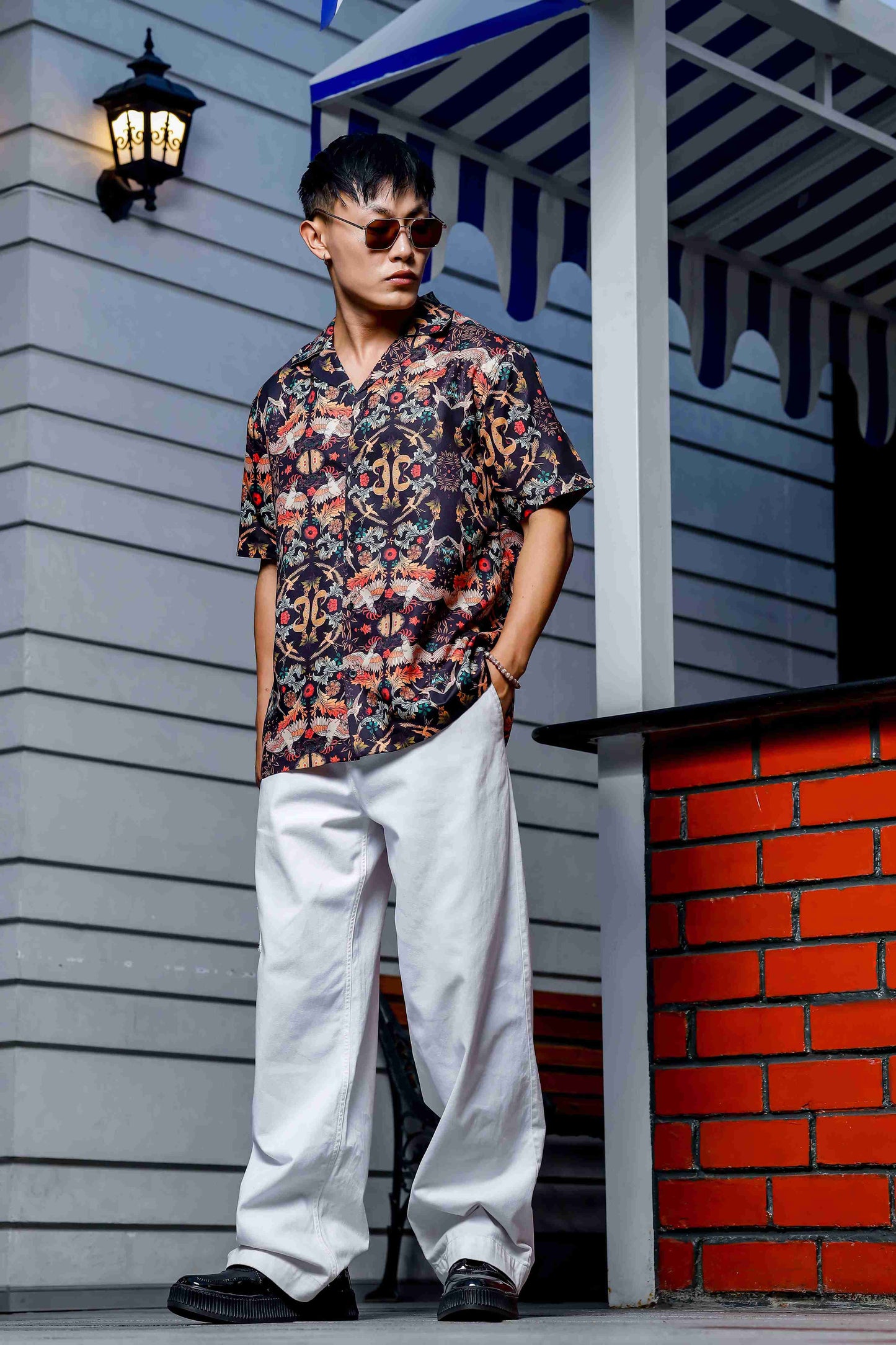 Black Relaxed Fit Floral Printed Cuban Collar Resort Shirt