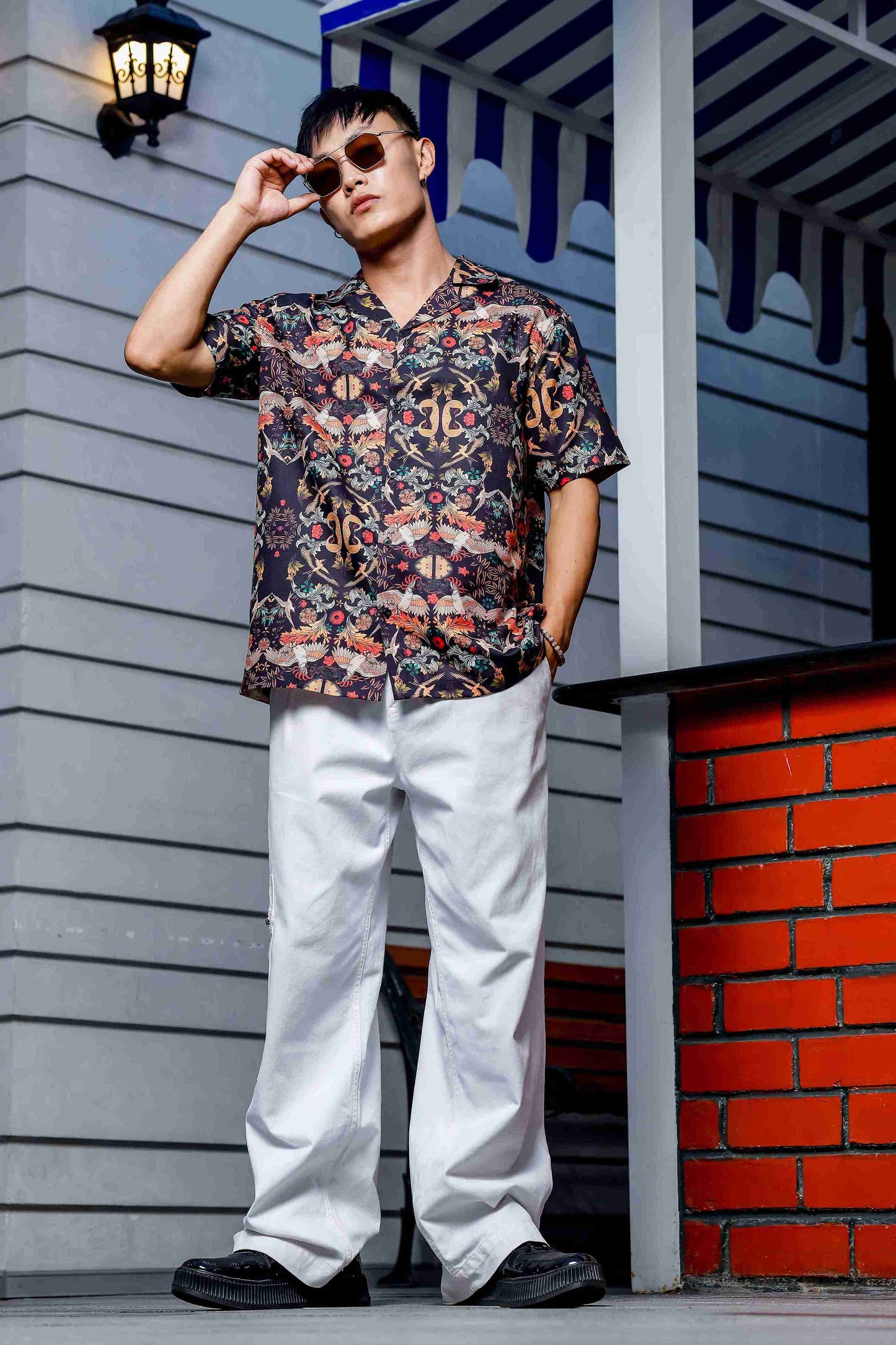 Black Relaxed Fit Floral Printed Cuban Collar Resort Shirt