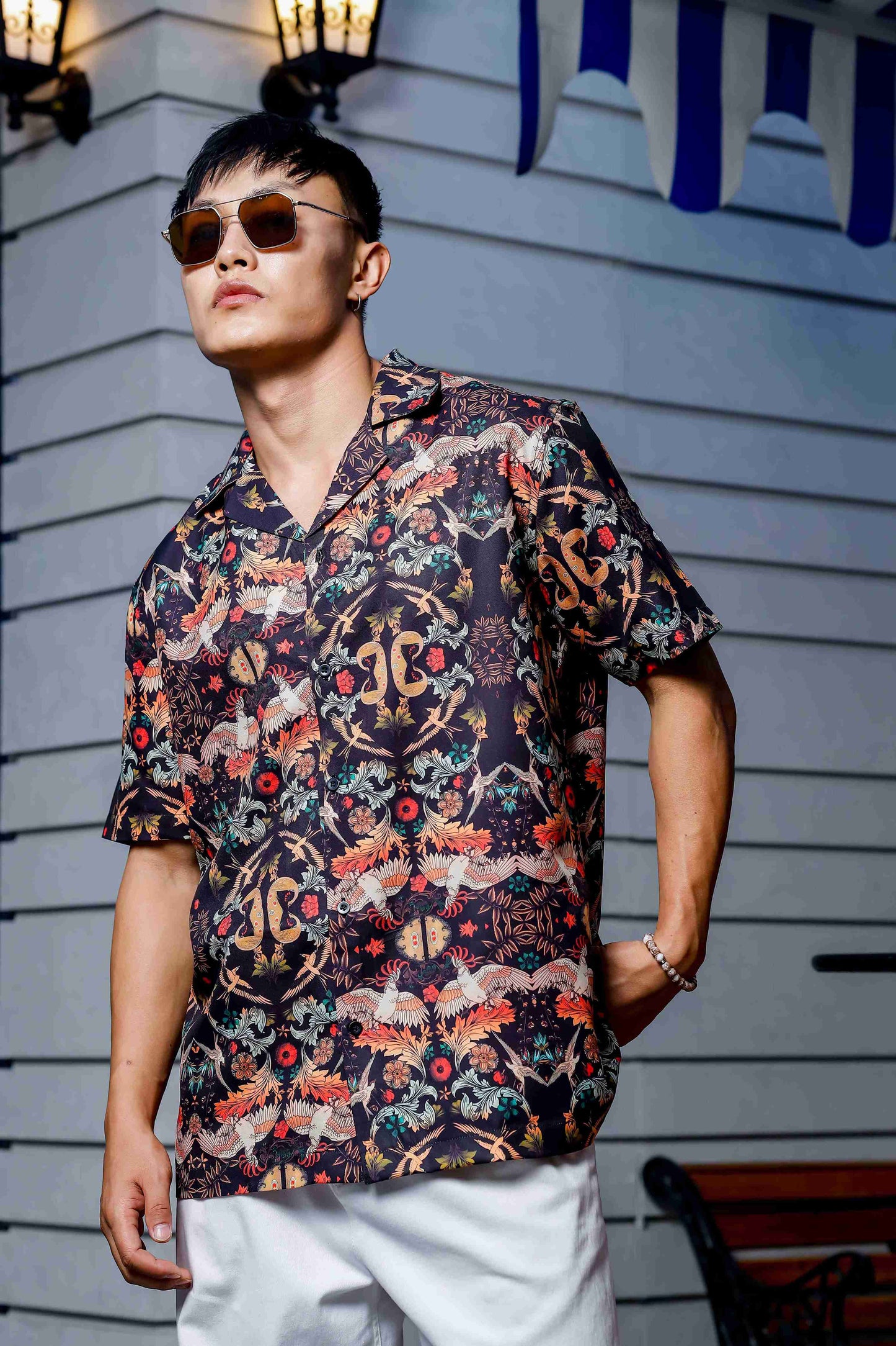 Black Relaxed Fit Floral Printed Cuban Collar Resort Shirt