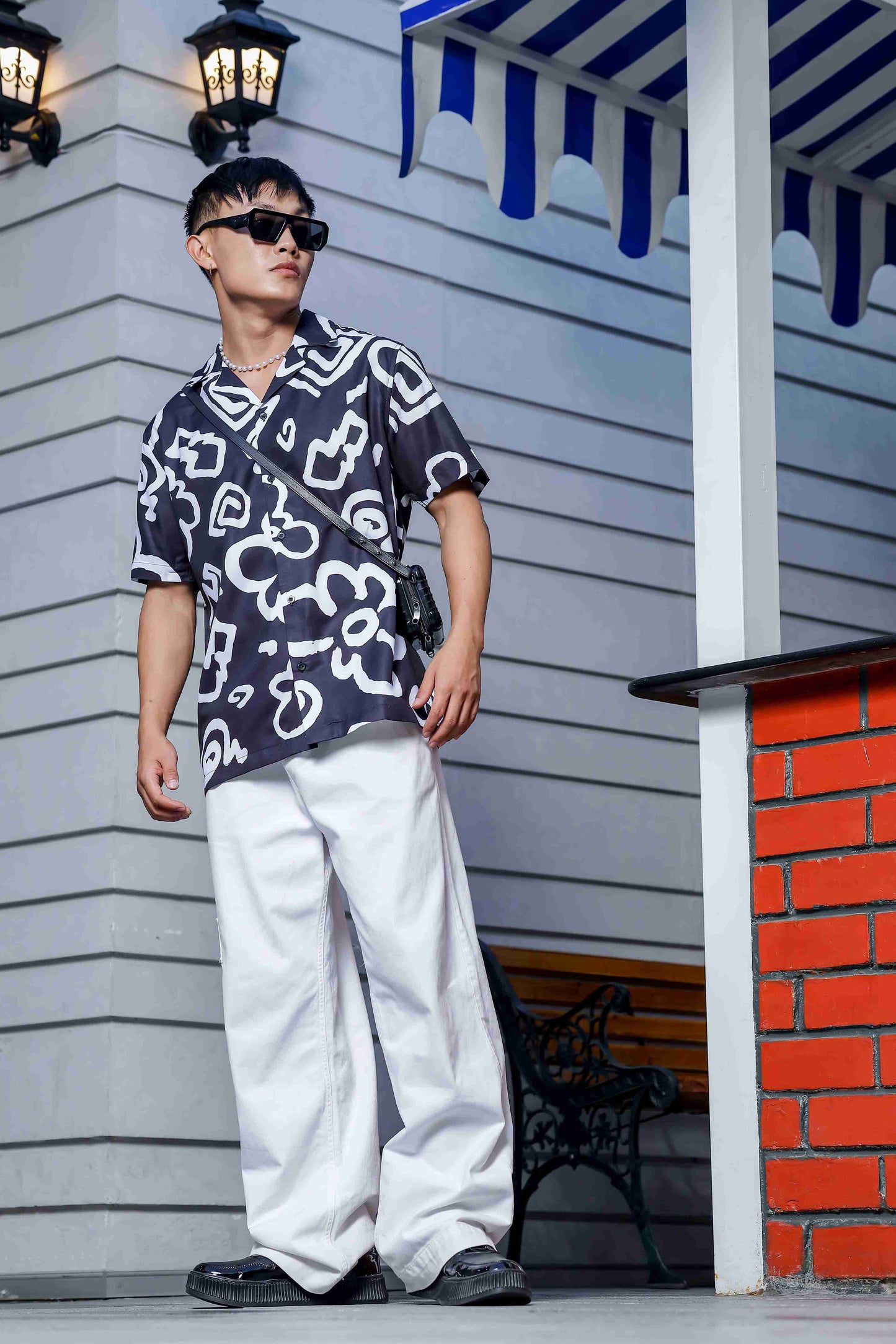 Black Abstract Floral Printed Cuban Collar Oversized Resort Shirt