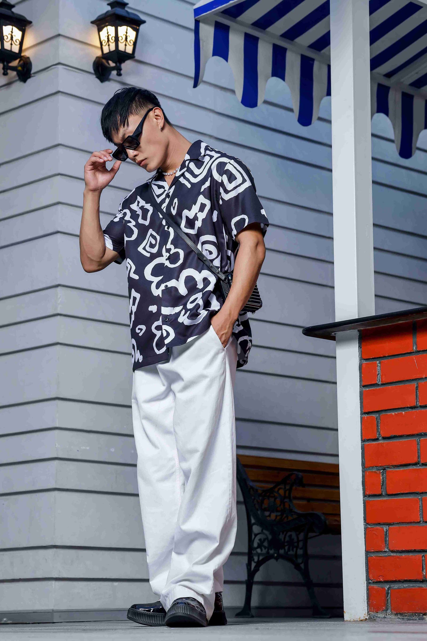 Black Abstract Floral Printed Cuban Collar Oversized Resort Shirt