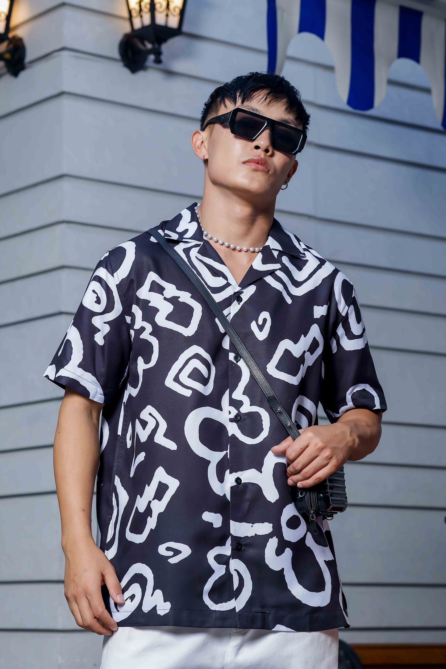 Black Abstract Floral Printed Cuban Collar Oversized Resort Shirt