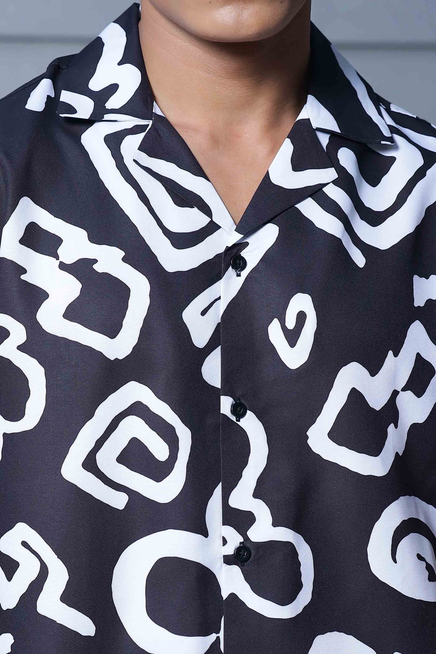 Black Abstract Floral Printed Cuban Collar Oversized Resort Shirt