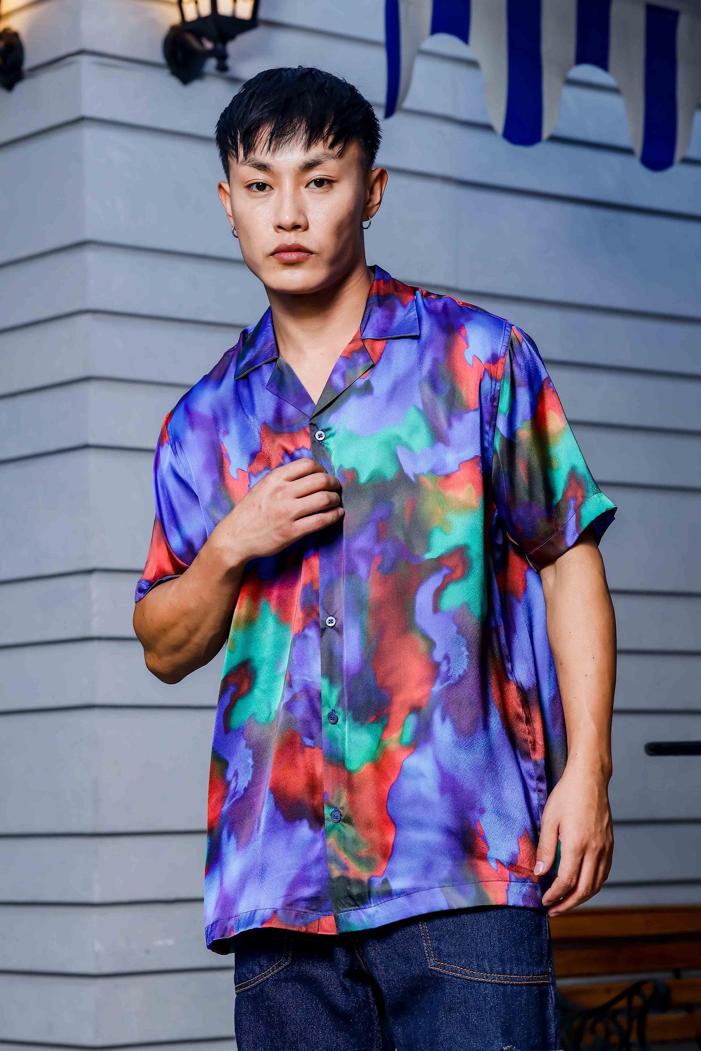 Blue Satin Abstract Print Cuban Collar Oversized Party Wear Shirt