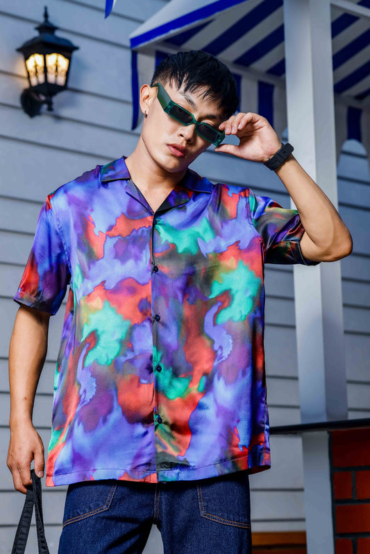 Blue Satin Abstract Print Cuban Collar Oversized Party Wear Shirt