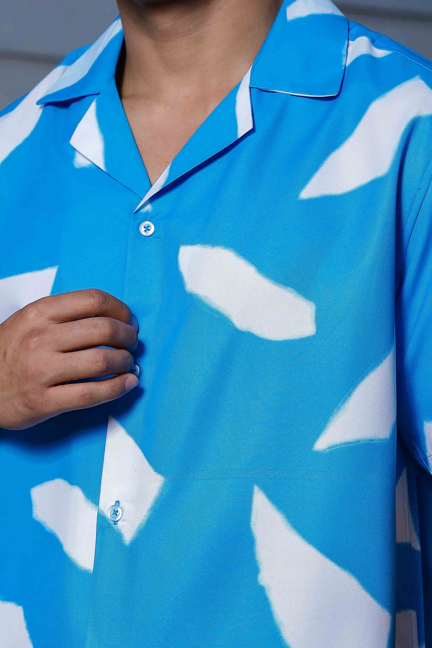 Blue Abstract Print Cuban Collar Oversized Resort Shirt