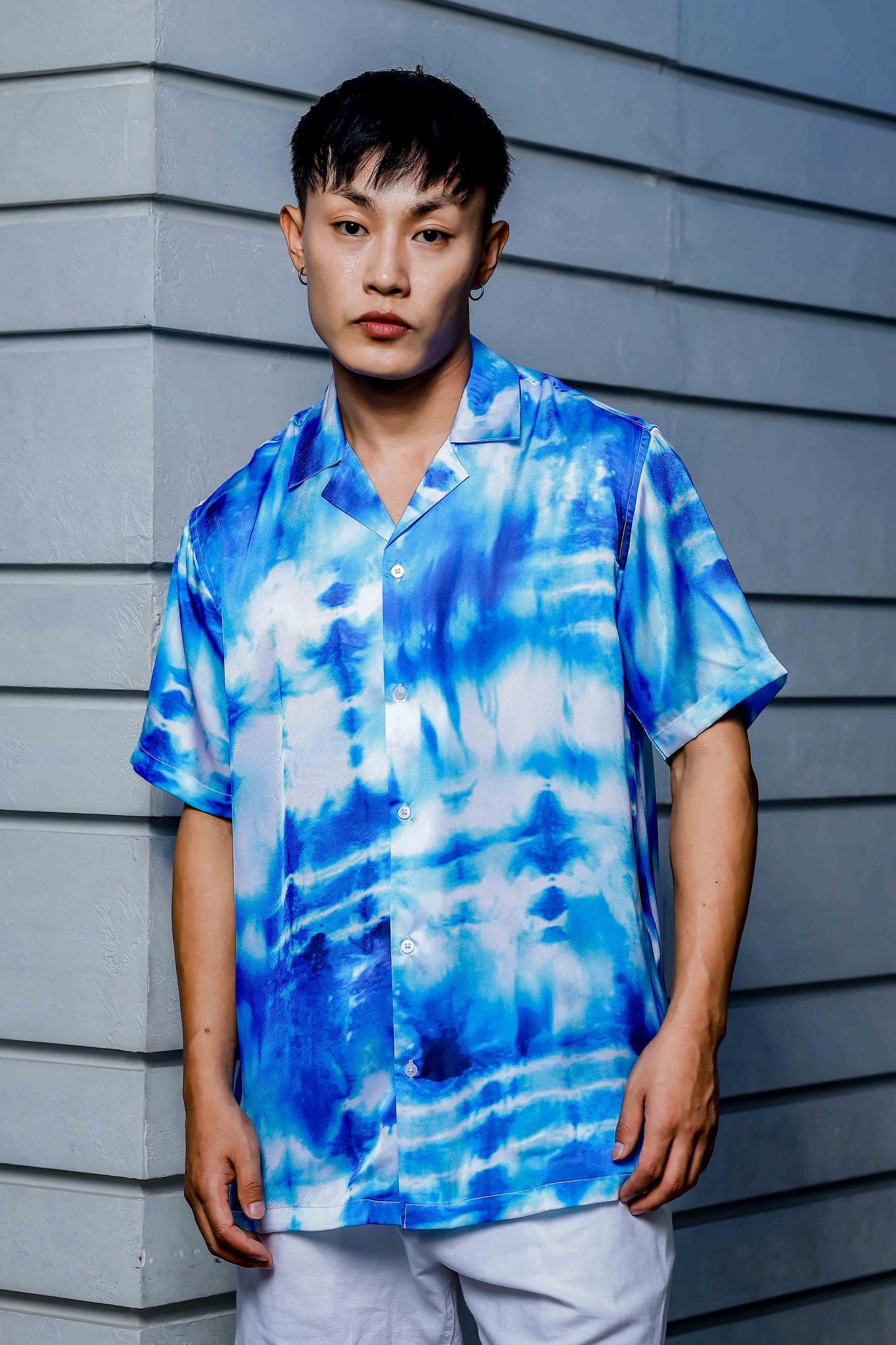 Blue Tie & Dye Cuban Collar Classic Relaxed Fit Resort Shirt