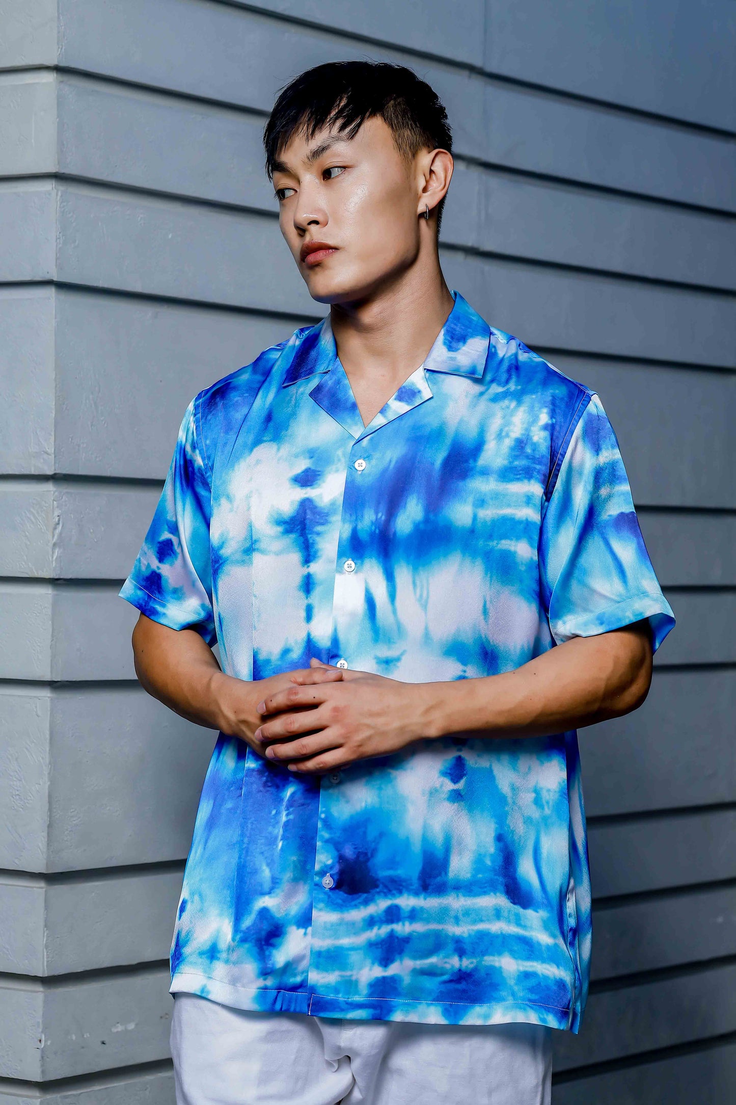 Blue Tie & Dye Cuban Collar Classic Relaxed Fit Resort Shirt