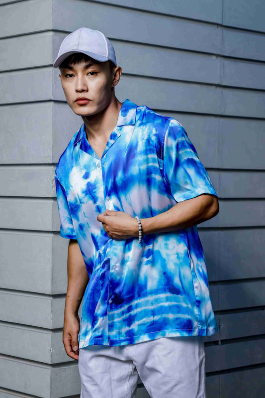 Blue Tie & Dye Cuban Collar Classic Relaxed Fit Resort Shirt