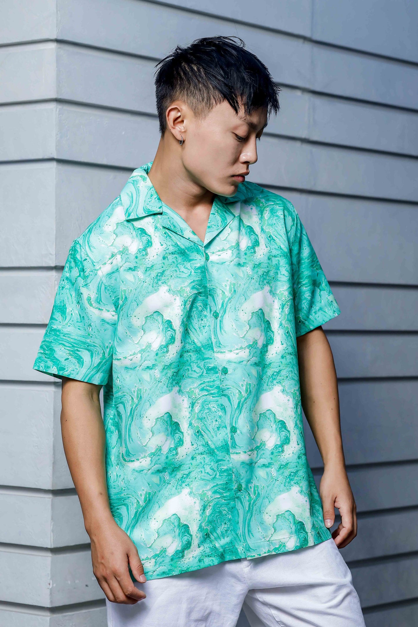 Green Aqua Print Relaxed Fit Cuban Collar Casual Shirt