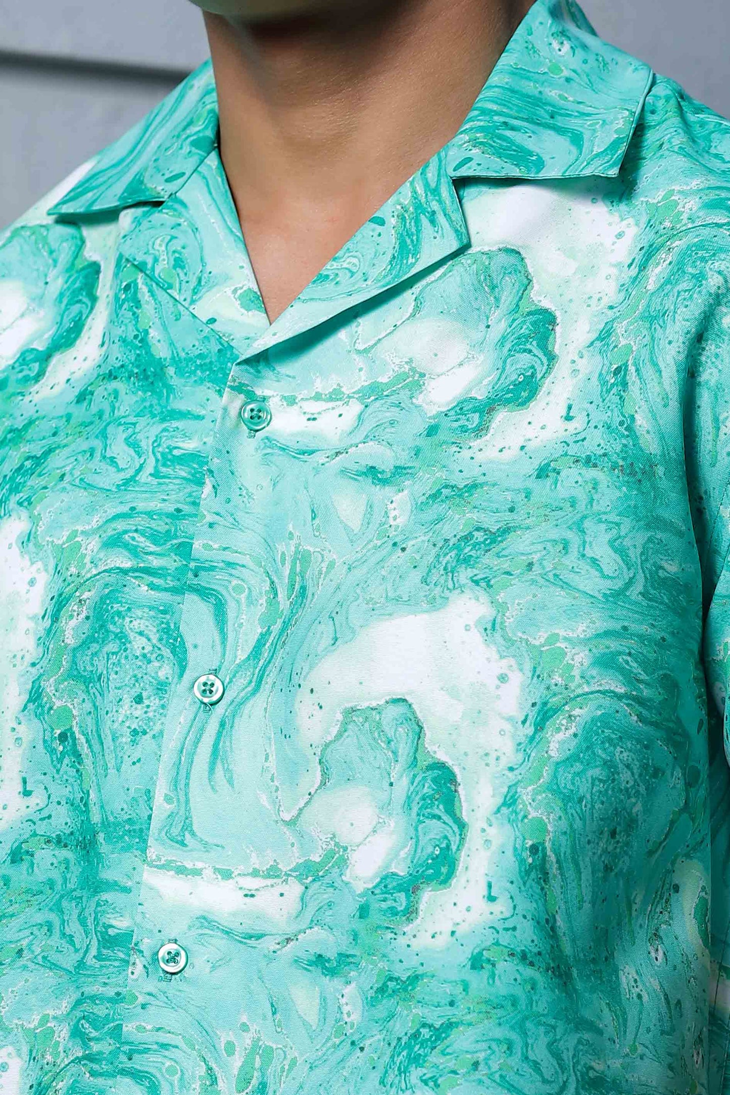 Green Aqua Print Relaxed Fit Cuban Collar Casual Shirt