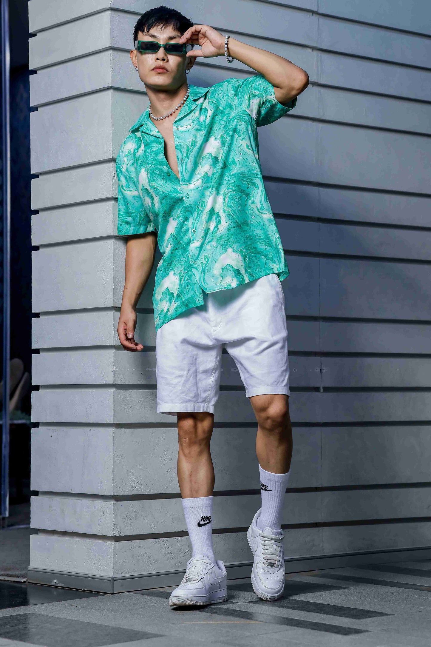 Green Aqua Print Relaxed Fit Cuban Collar Casual Shirt