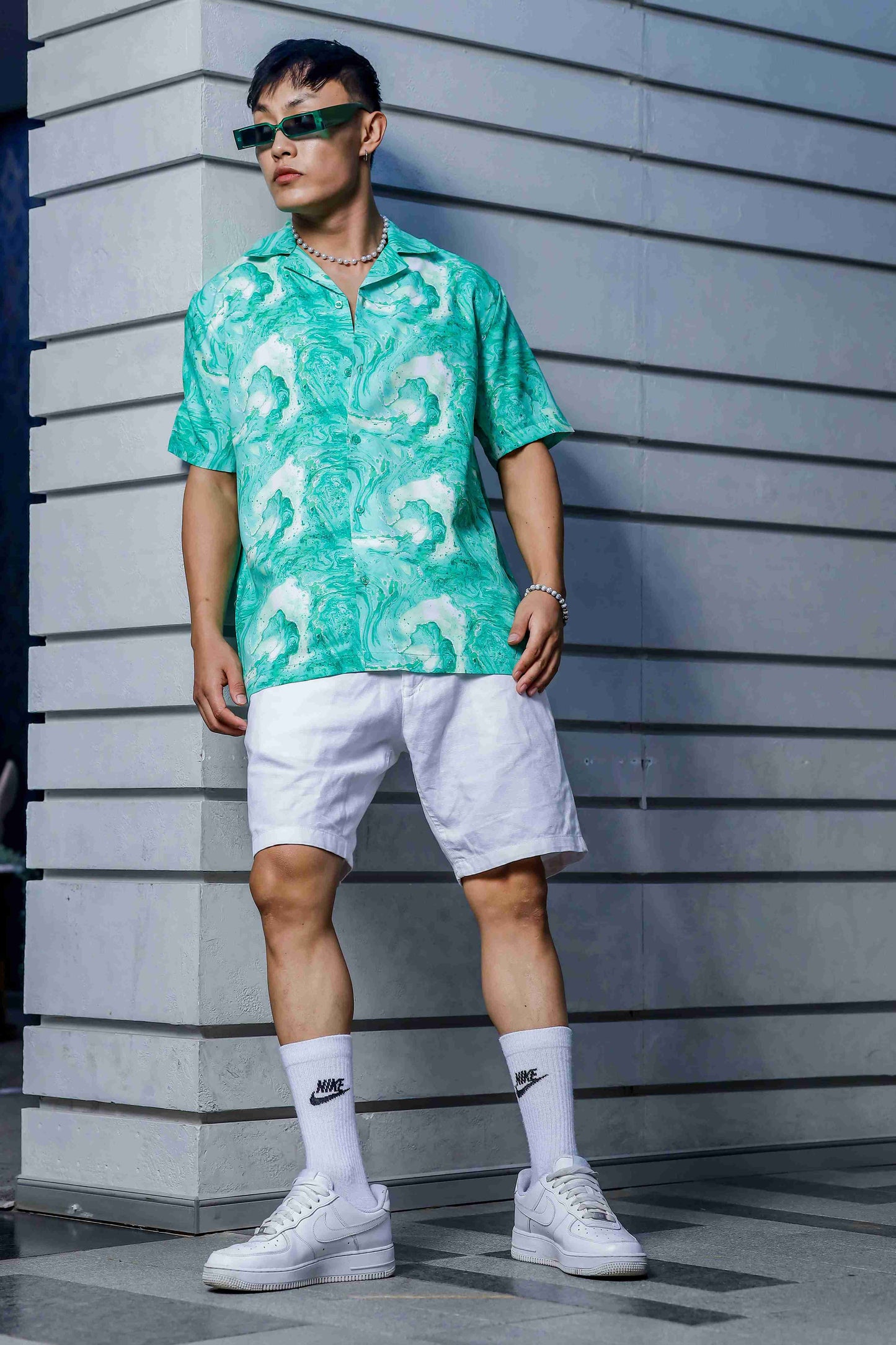 Green Aqua Print Relaxed Fit Cuban Collar Casual Shirt