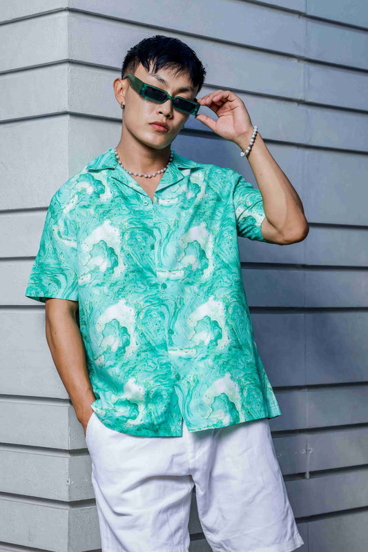 Green Aqua Print Relaxed Fit Cuban Collar Casual Shirt