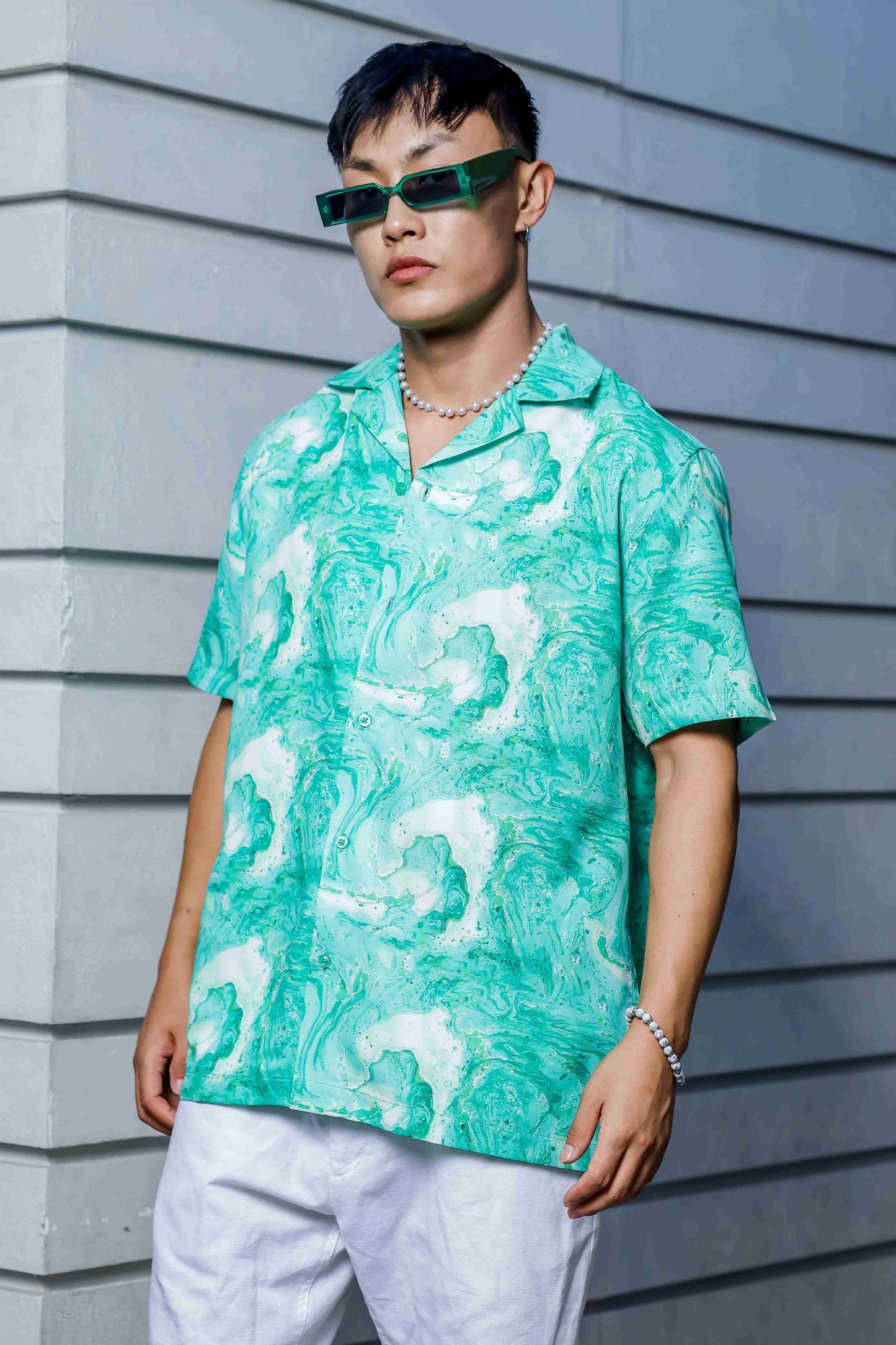 Green Aqua Print Relaxed Fit Cuban Collar Casual Shirt