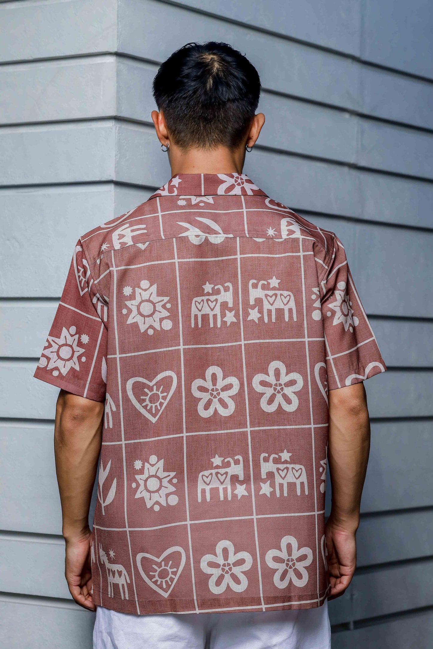 Linen Blend Abstract Tile Print Cuban Collar Oversized Resort Shirt