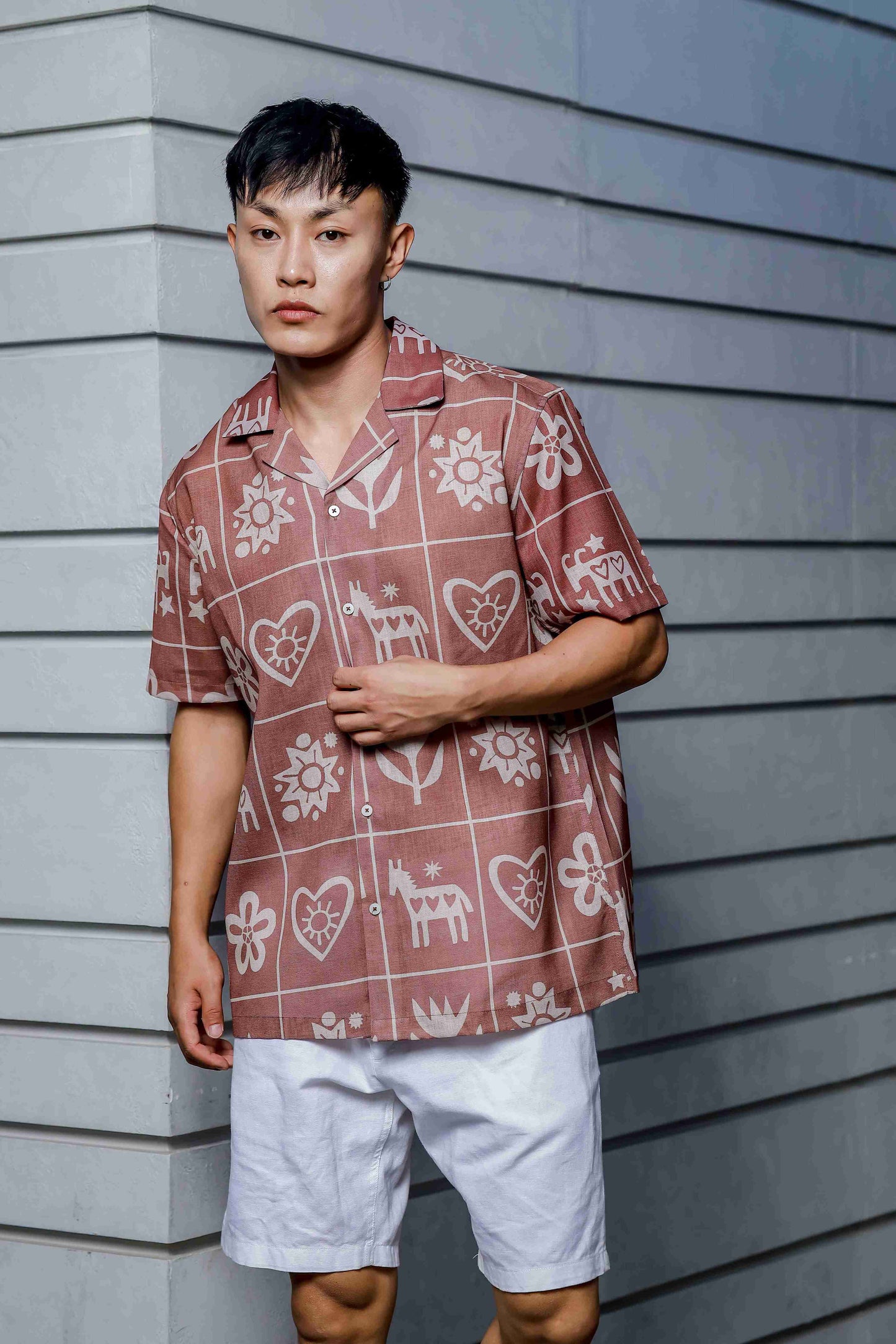 Linen Blend Abstract Tile Print Cuban Collar Oversized Resort Shirt
