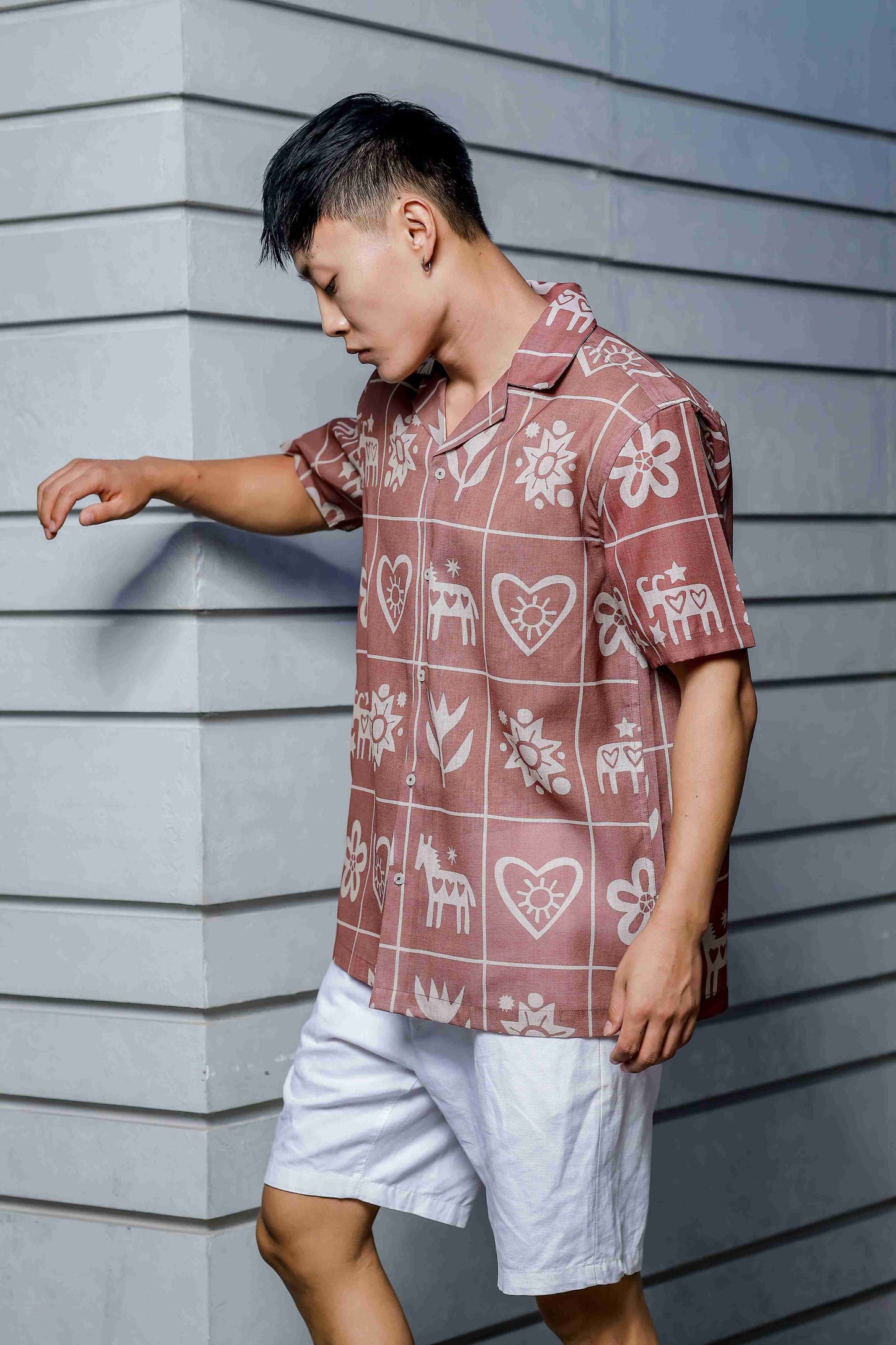 Linen Blend Abstract Tile Print Cuban Collar Oversized Resort Shirt