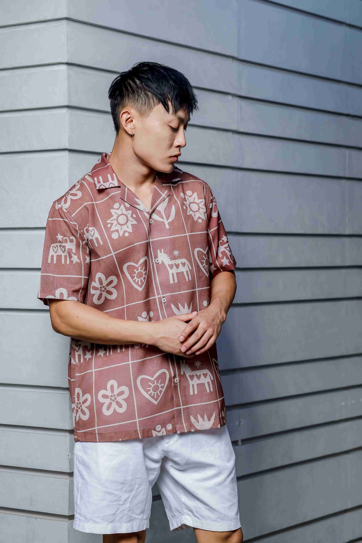 Linen Blend Abstract Tile Print Cuban Collar Oversized Resort Shirt