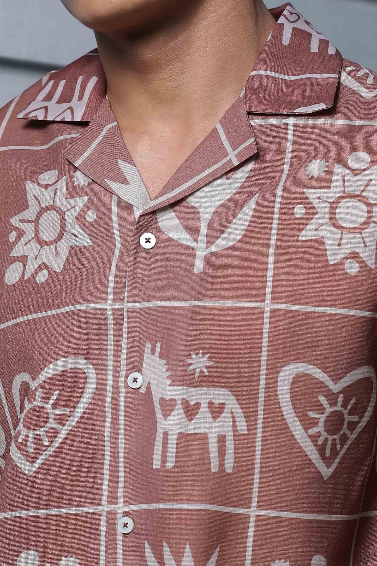 Linen Blend Abstract Tile Print Cuban Collar Oversized Resort Shirt