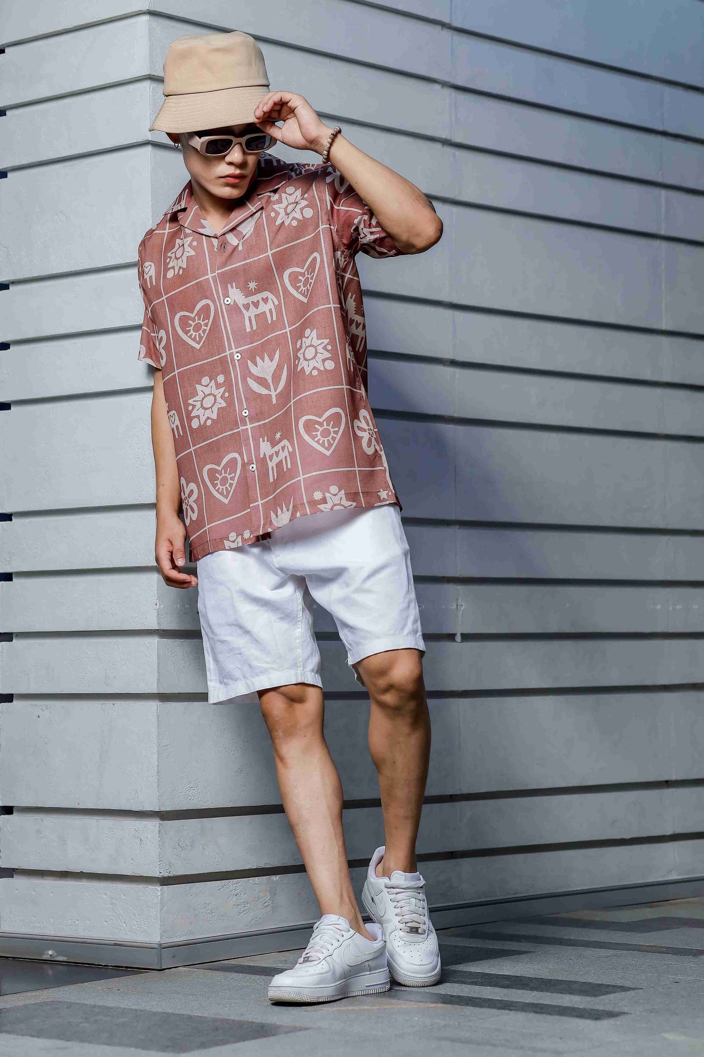 Linen Blend Abstract Tile Print Cuban Collar Oversized Resort Shirt