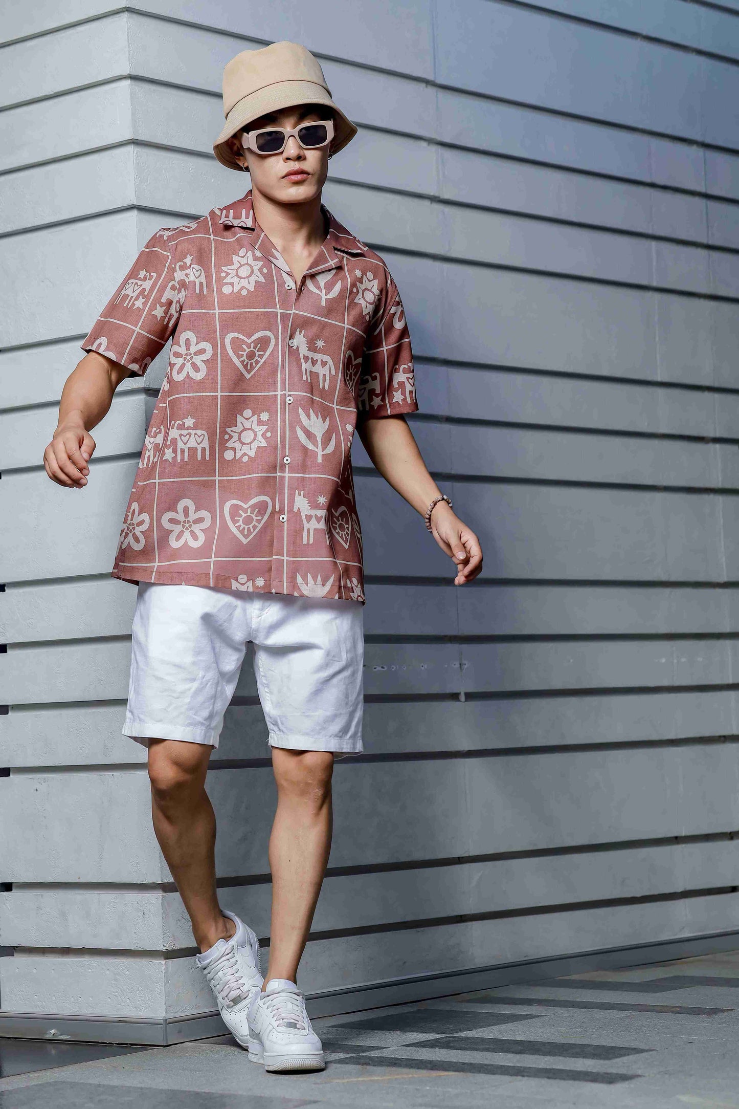 Linen Blend Abstract Tile Print Cuban Collar Oversized Resort Shirt