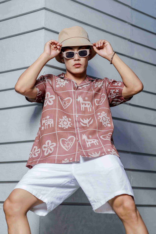 Linen Blend Abstract Tile Print Cuban Collar Oversized Resort Shirt